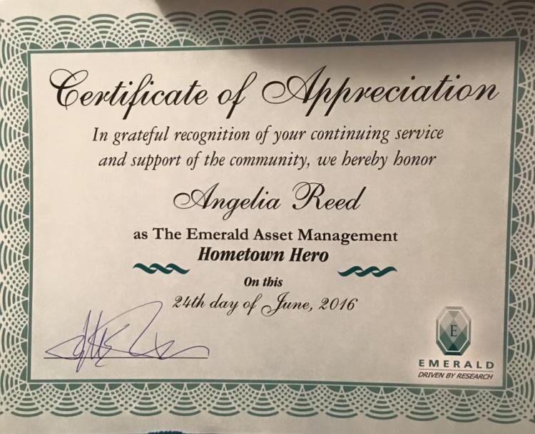 Angelia's certificate of appreciation.
