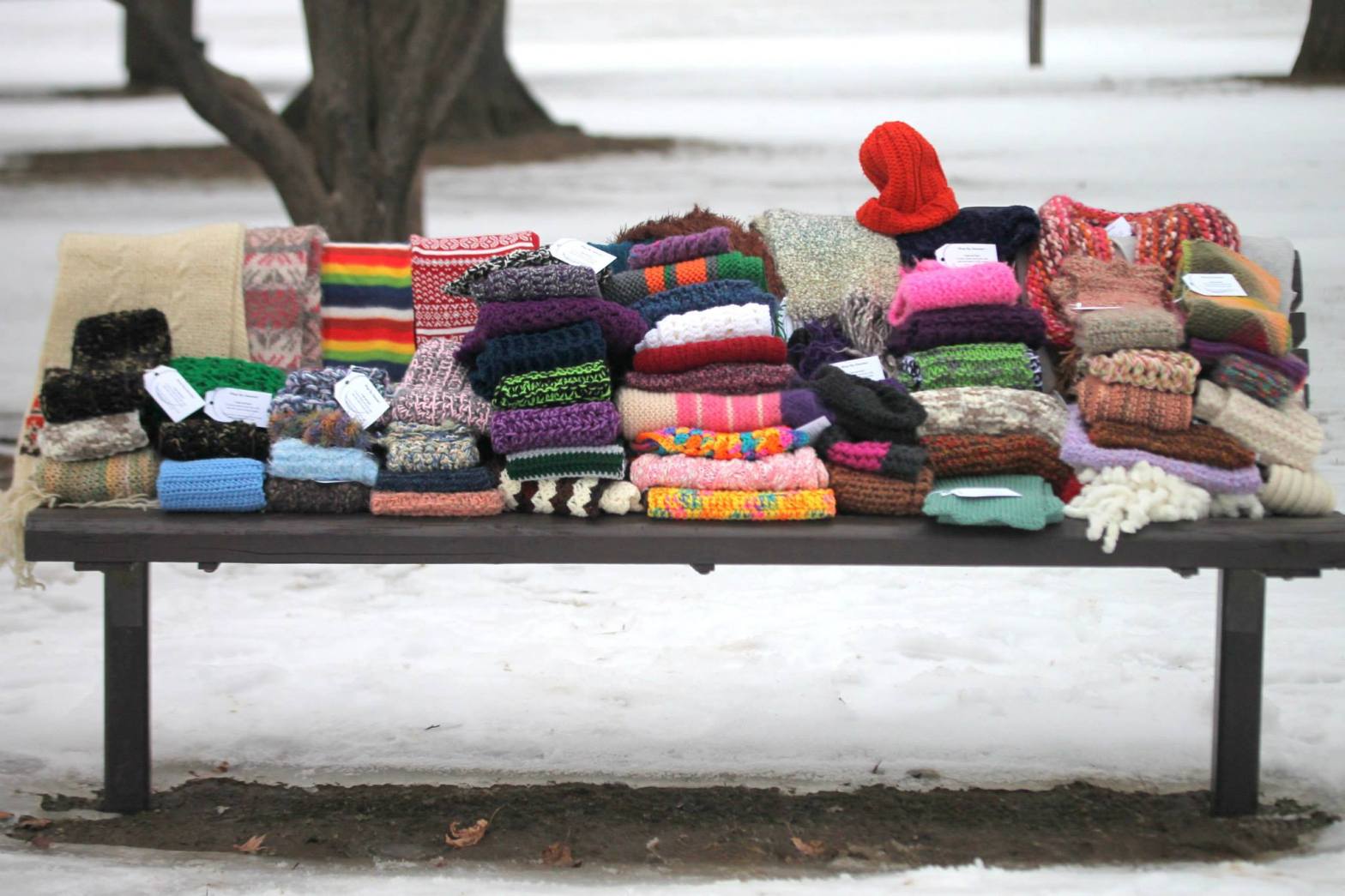 Scarves on a bench